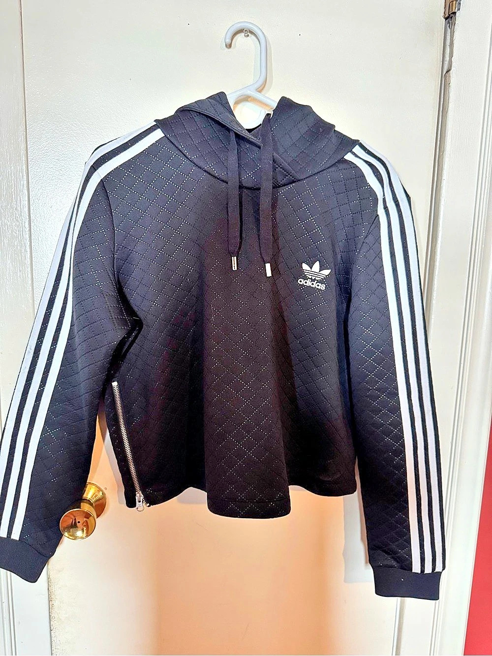adidas Quilted 3-Stripe Hoodie in Black & White Size Large